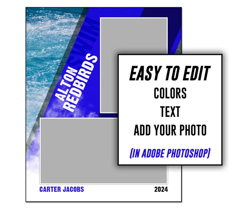 Puede incluir: Un gr&aacute;fico digital azul y blanco con el texto "Alton Redbirds Swim" y "Carter Jacobs 2024". El gr&aacute;fico tiene dos marcadores de posici&oacute;n para fotos. El texto "Easy to Edit Colors Text Add Your Photo (In Adobe Photoshop)" est&aacute; en un cuadro blanco.