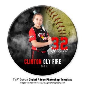 SOFTBALL BUTTON 028 | 7x7&quot; Adobe Photoshop Button Digital Photo Button Template | Sports Template for  Individual | Digital File Only