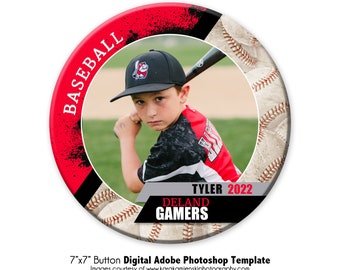 Baseball Photo Button Template 011: 7x7” Photoshop PSD, Customizable (Digital File Only)