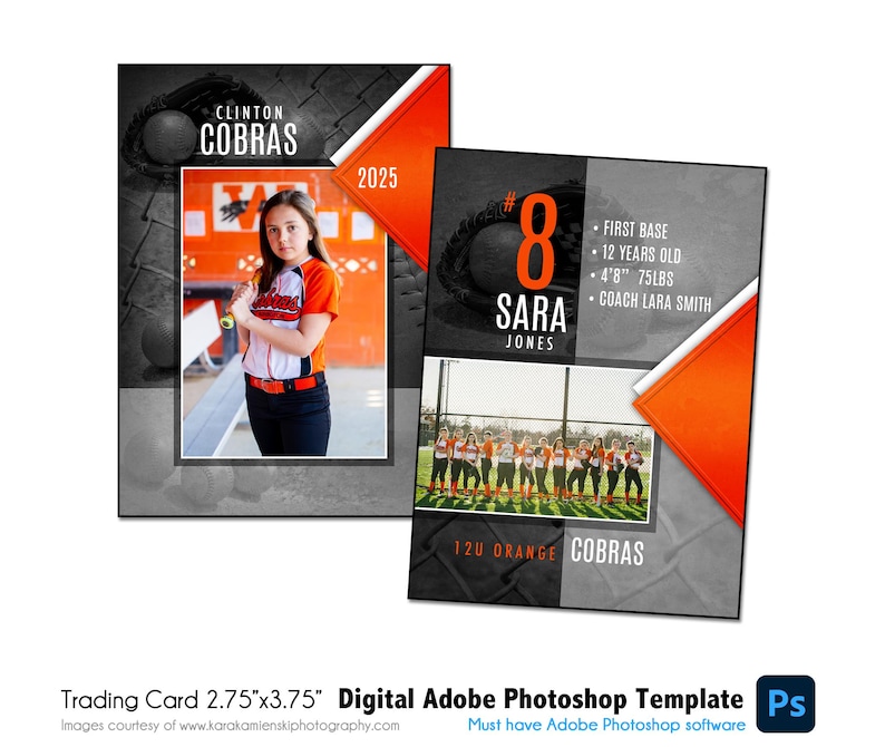 May include: Softball trading card template featuring a photo of a young girl in an orange and white uniform, holding a bat. The card includes team name, player stats, and team photo. The card measures 2.75" x 3.75".