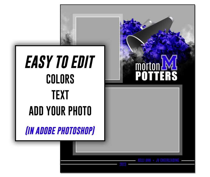 Puede incluir: Una plantilla de foto de porristas personalizable con un fondo blanco y negro. La plantilla presenta un marco de foto, un meg&aacute;fono y pompones. El texto "morton M POTTERS" se muestra en azul y blanco. El texto "EASY TO EDIT COLORS TEXT ADD YOUR PHOTO (IN ADOBE PHOTOSHOP)" se muestra en negro sobre un fondo blanco.