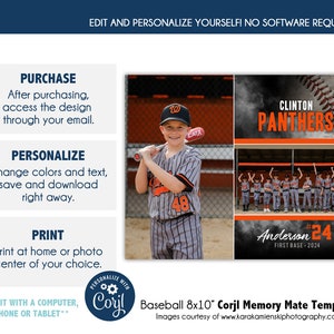 BASEBALL MM037_CORJL / 8x10 Modello modificabile online di Memory Mate sportivo con Corjl / Solo file digitale / Stampabile fai da te