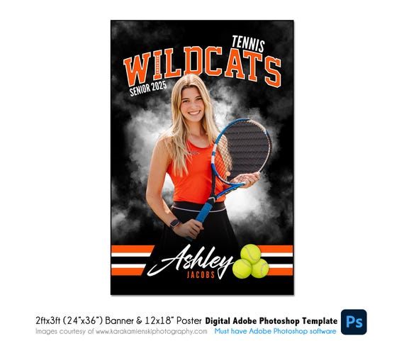 Tennis Banner Template 03: 2x3ft, 12x18 Photoshop, Editable Senior Night Athlete Poster, Smokey Tennis Balls, Custom Tennis Graduation PSD