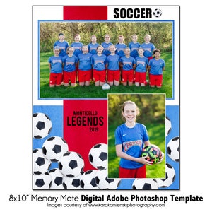 サッカー MM006 | 8x10 Adobe Photoshop Memory Mate デジタル テンプレート | チームおよび個人向けスポーツ Photoshop テンプレート | デジタル ファイルのみ