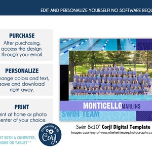 SWIM T004_CORJL | 8x10&quot; & 5x7&quot; Sports Team Online Editable Template | Printable Corjl Template | Digital File Only - DIY Printable