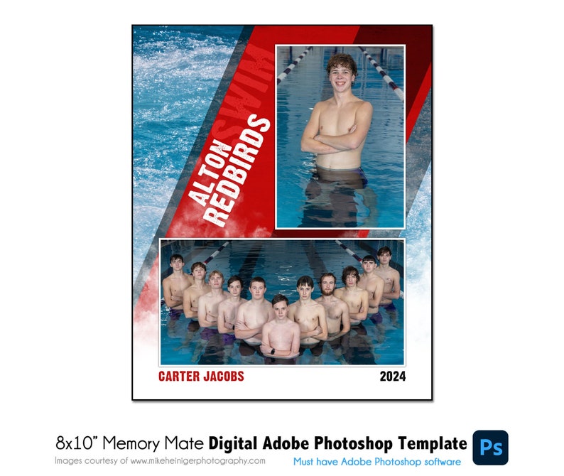 Puede incluir: Una plantilla digital para un collage de fotos de 8x10 pulgadas con un equipo de nataci&oacute;n. La plantilla tiene un fondo rojo y azul con el texto "Alton Swim Redbirds" y "Carter Jacobs" y "2024".