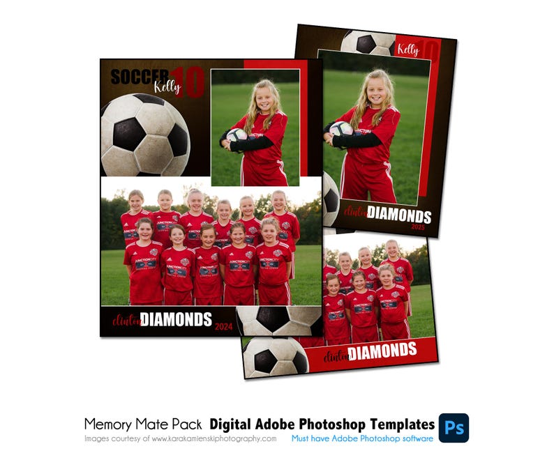 Op de afbeelding: Een digitaal sjabloon voor een voetbalteamfoto. Het sjabloon bevat een voetbal, de teamnaam "Diamonds" en het jaar "2024".