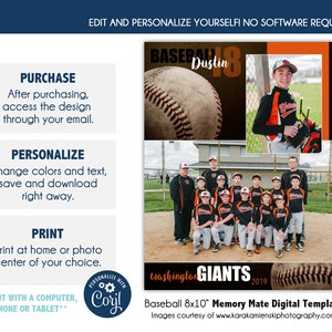 BASEBALL MM009_CORJL | 8x10 Sports Memory Mate Online Editable Template with Corjl |  Digital File Only | DIY Printable