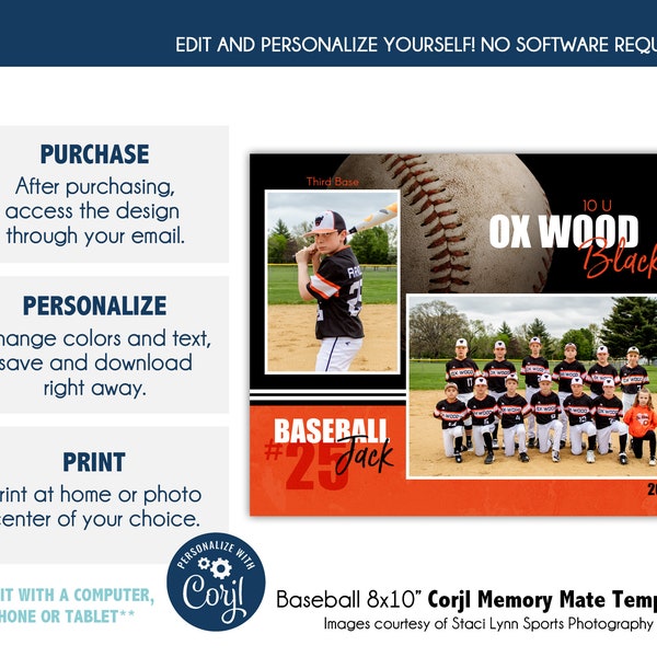 BASEBALL MM025_CORJL | 8x10 Sports Memory Mate Online Editable Template with Corjl |  Digital File Only | DIY Printable