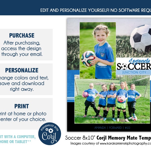 SOCCER MM009_CORJL | 8x10 Sports Memory Mate Online Editable Template with Corjl |  Digital File Only | DIY Printable