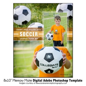 Peut inclure: Un modèle numérique pour une photo d'équipe de football. Le modèle présente un ballon de football, un garçon en uniforme de football et le texte "HAPPY FEET YOUTH 2014 SOCCER ORANGE TEAM #8".