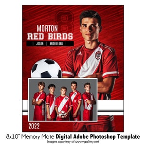 May include: A red and white soccer jersey with the text "Morton Red Birds" and "Jocob Midfielder" on the front. The jersey has a white stripe down the middle and a white collar. The jersey is worn by a young man with a serious expression. The jersey is on a red background with white stripes. The year 2022 is printed at the bottom of the image.