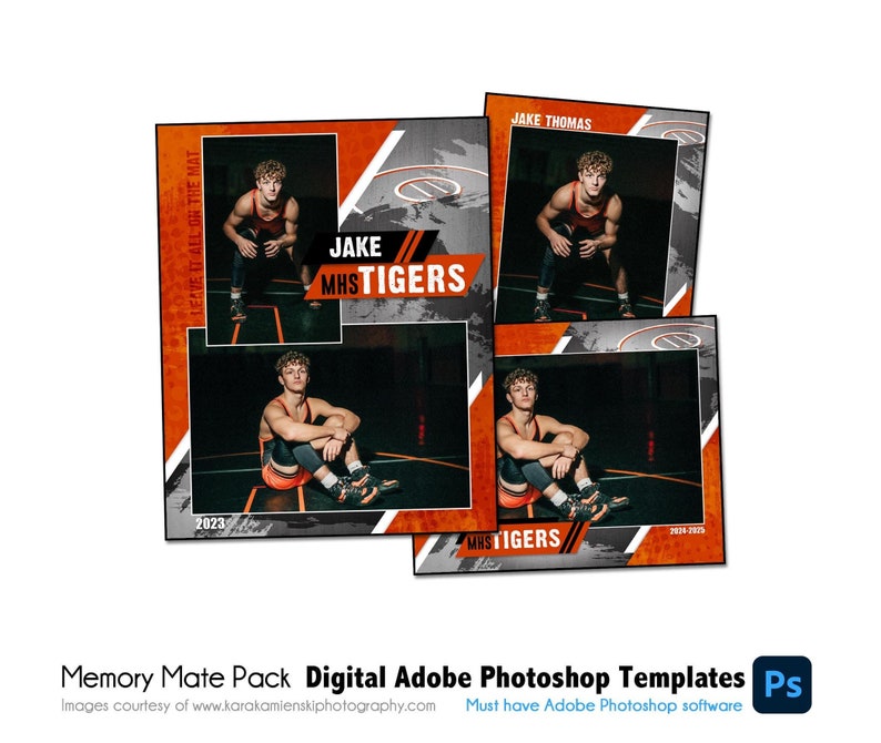 May include: Four digital wrestling photo templates with a gray and orange background. The templates feature a wrestler in different poses. The text "LEAVE IT ALL ON THE MAT" and "JAKE MHSTIGERS" is on the templates. The text "JAKE THOMAS" is on one of the templates.