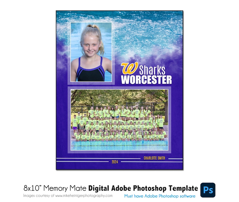 May include: A digital template for an 8x10 inch Memory Mate, featuring a young swimmer in a purple and black swimsuit and a team photo. The design includes the text "W Sharks WORCESTER" and the year "2024". The template is for Adobe Photoshop.