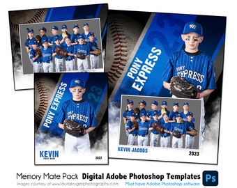Könnte beinhalten: Eine Baseball-Teamfoto-Vorlage mit einem blauen und schwarzen Farbschema. Die Vorlage zeigt einen Baseballspieler, der einen Handschuh hält, und ein Teamfoto. Der Text "Pony Express" wird auf der Vorlage angezeigt. Die Vorlage ist für die Verwendung mit Adobe Photoshop konzipiert.