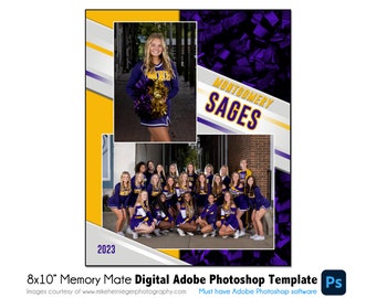 May include: A digital memory mate template for Adobe Photoshop, featuring a photo of a cheerleader holding pom-poms and a team photo. The design includes the text "Montgomery Sages" and the year "2023" in a yellow and purple color scheme.