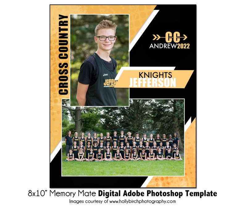 Puede incluir: Una plantilla digital para un collage de fotos Memory Mate de 20,3 x 25,4 cm. La plantilla presenta un esquema de color negro y amarillo con un corredor de cross country en la esquina superior izquierda. El texto "CROSS COUNTRY" est&aacute; escrito verticalmente en el lado izquierdo de la imagen. El texto "KNIGHTS JEFFERSON" est&aacute; escrito en la esquina superior derecha. El texto "&raquo; CC> ANDREW2022" est&aacute; escrito en el centro de la imagen. La plantilla est&aacute; dise&ntilde;ada para una foto de equipo de cross country.