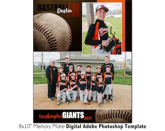 BASEBALL MM009 | 8x10 Adobe Photoshop Memory Mate Digital Template | Sports Photoshop Template for Teams & Individuals | Digital File Only