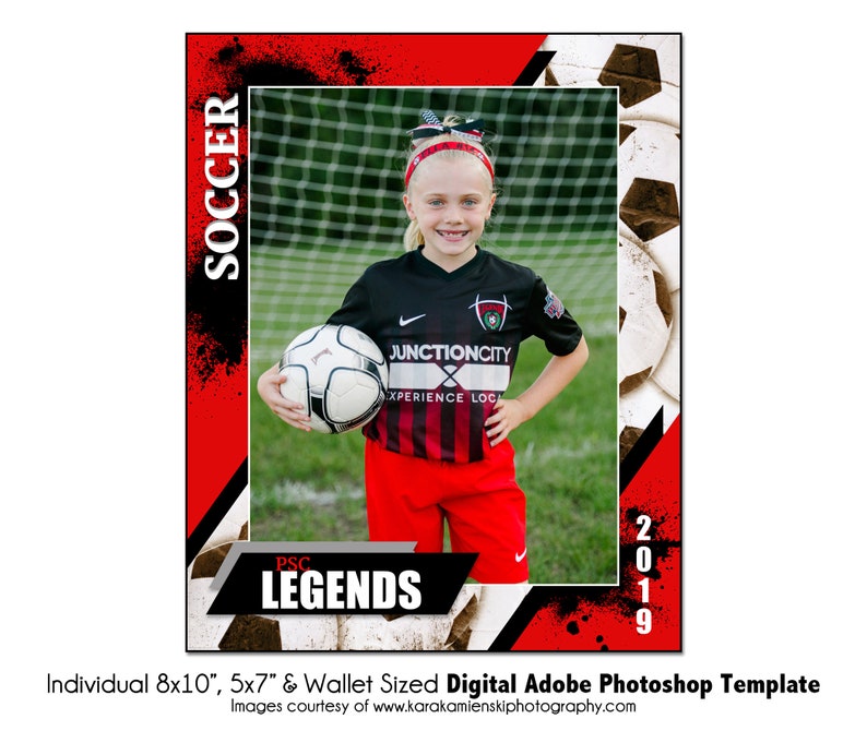 K&ouml;nnte beinhalten: Eine rote, schwarze und wei&szlig;e Fu&szlig;ball-Fotovorlage mit einem jungen M&auml;dchen, das einen Fu&szlig;ball h&auml;lt. Die Vorlage enth&auml;lt den Text "SOCCER", "JUNCTIONCITY", "XPERIENCE LOCA", "PSC", "LEGENDS" und "2019".