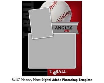 Puede incluir: Una plantilla de Memory Mate de 8x10 pulgadas con temática de béisbol en rojo y negro con un gráfico de béisbol, el texto "T-BALL" y un espacio para una foto. La plantilla también incluye el texto "ANGLES 2023".