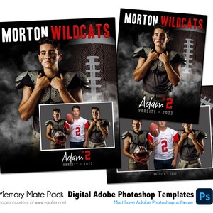 May include: Digital Adobe Photoshop templates for sports memory mates featuring a football player in uniform. The design includes the text Morton Wildcats, Adam #2, and Varsity 2023, with a large football graphic and smoky background effects.