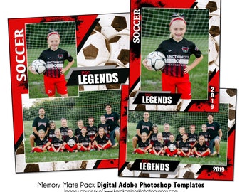 Soccer Photo Template Pack H: Memory Mate, Individual, Team Photoshop PSD (Digital File Only)
