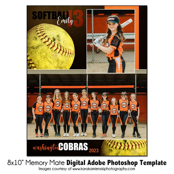 SOFTBALL MM021 | 8x10 Adobe Photoshop Memory Mate Digital Template | Sports Photoshop Template for Teams & Individuals | Digital File Only