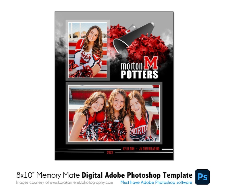 Puede incluir: Plantilla digital para una foto de recuerdo de 20,3 x 25,4 cm. La plantilla presenta un fondo blanco y negro con un uniforme de animadora rojo y blanco. El texto "morton M POTTERS" est&aacute; en rojo y blanco. El texto "KELLI ANN - JV CHEERLEADING" est&aacute; en blanco y negro. El texto "2023" est&aacute; en blanco y negro.