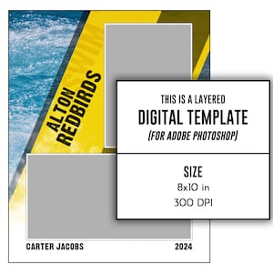 Puede incluir: Una plantilla digital para Adobe Photoshop con un dise&ntilde;o en capas sobre un fondo azul y amarillo. La plantilla es de 8x10 pulgadas y 300 DPI. El texto "Alton Redbirds" est&aacute; en negro y amarillo sobre un fondo amarillo. El texto "Carter Jacobs" y "2024" est&aacute; en negro sobre un fondo blanco.