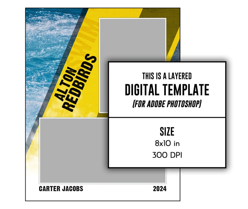 Puede incluir: Una plantilla digital para Adobe Photoshop con un dise&ntilde;o en capas sobre un fondo azul y amarillo. La plantilla es de 8x10 pulgadas y 300 DPI. El texto "Alton Redbirds" est&aacute; en negro y amarillo sobre un fondo amarillo. El texto "Carter Jacobs" y "2024" est&aacute; en negro sobre un fondo blanco.