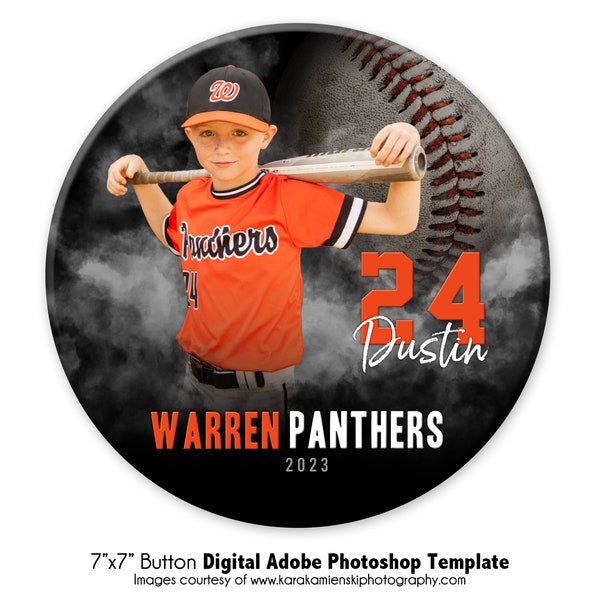 BASEBALL BUTTON 031 | 7x7" Adobe Photoshop Photo Button Digital Template | Sports Photoshop Template for  Individuals | Digital File Only