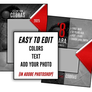 May include: A baseball-themed design with the text "EASY TO EDIT COLORS TEXT ADD YOUR PHOTO (IN ADOBE PHOTOSHOP)". The design includes a baseball glove, baseballs, and red accents. The text "CLINTON COBRAS" is also visible.
