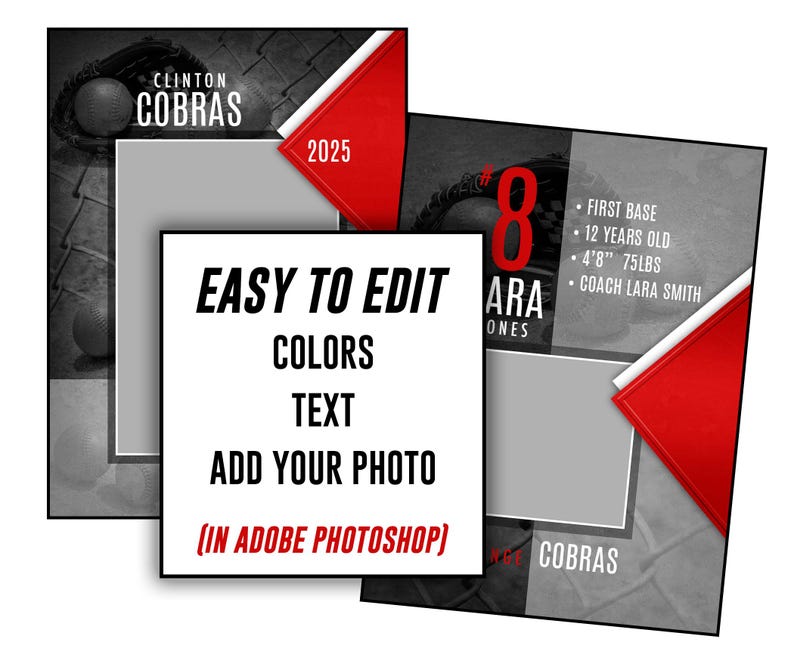 May include: A baseball-themed design with the text "EASY TO EDIT COLORS TEXT ADD YOUR PHOTO (IN ADOBE PHOTOSHOP)". The design includes a baseball glove, baseballs, and red accents. The text "CLINTON COBRAS" is also visible.