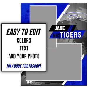 May include: A wrestling themed sports card template with a blue and gray color scheme. The template features a large photo area, space for text, and the words "JAKE MHSTIGERS".