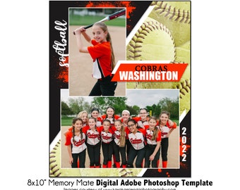 SOFTBALL MM013 | 8x10 Adobe Photoshop Memory Mate Digital Template | Sports Photoshop Template for Teams & Individuals | Digital File Only