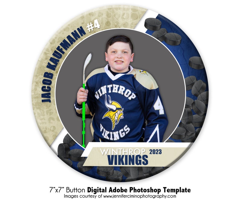 May include: A 7-inch round button featuring a hockey player wearing a blue and gold jersey with the text "WINTHROP VIKINGS" and the number "4". The button has a gray background with black hockey pucks scattered around the edge.
