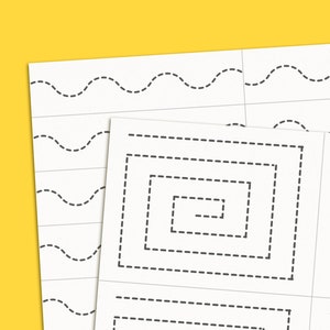 May include: A black and white printable worksheet with dotted lines for tracing. The worksheet includes wavy lines and squares with concentric squares inside.