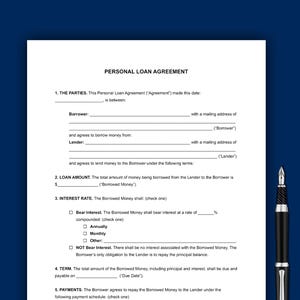 Persoonlijke leningovereenkomst, persoonlijk leningcontract, leningovereenkomst, leningsjablonen