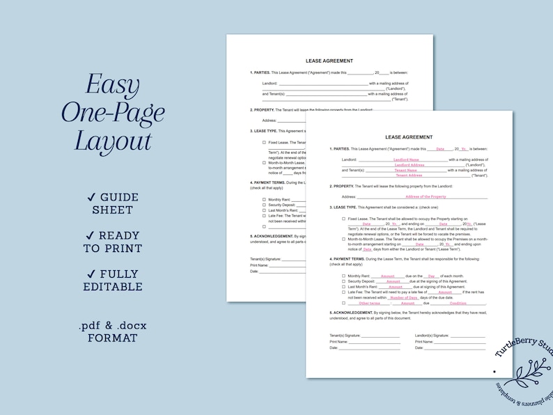 Lease Agreement, One Page Lease Agreement, Simple Template - Etsy
