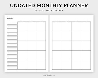 Minimalist Undated Printable Monthly Planner 2 Page per month | Monthly Calendar | Planner Insert | Letter Size | Instant Download PDF File