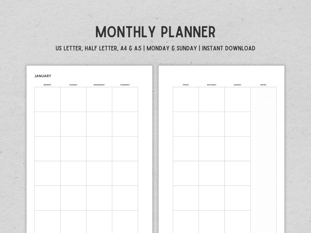 Minimalist Printable Monthly Planner, 2 Page - Instant Download PDF ...