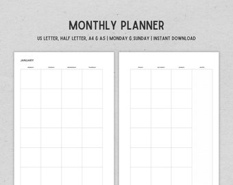Minimalist Printable Monthly Planner, 2 Page - Instant Download PDF File