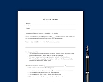 Notice to Vacate, One Page Letter to Vacate, Editable Simple Template
