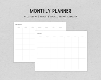 Printable Monthly Planner, Undated Monthly Calendar, Monday Start - Instant Download PDF File