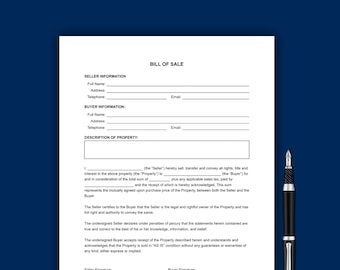 Bill of Sale, One Page Bill of Sale, Simple Template