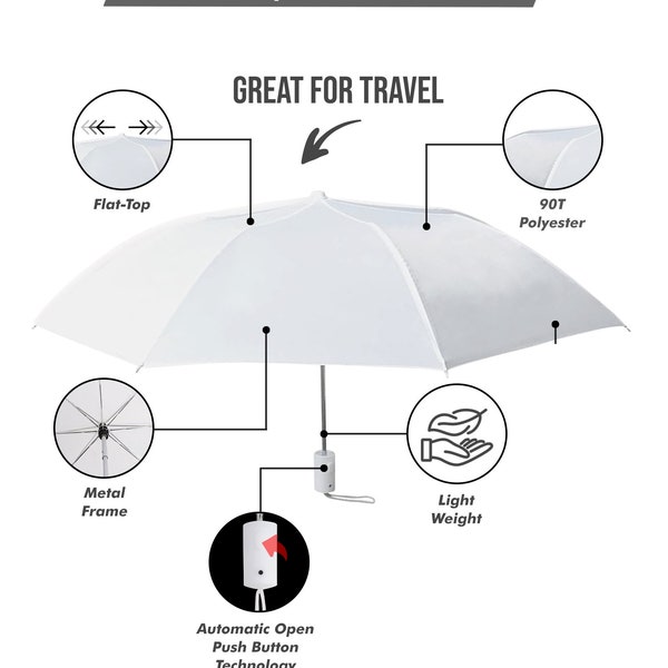 Personalized Customized Compact Umbrella - Great for Travel - 21" Across - 15.75" Long - Push Button Auto Open - Polyester (Select Colors)