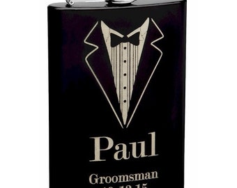 8oz Black Tuxedo Groomsmen Hip Flask with Personalization