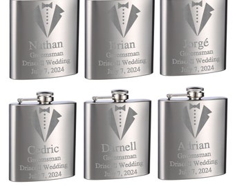 Personalized Groomsman Flask Set: Engraved Stainless Steel Tuxedo Flasks