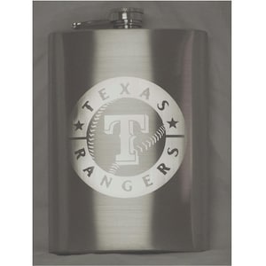 May include: Silver flask with a laser-etched Texas Rangers logo. The logo features a baseball with a "T" inside a circle with the words "Texas Rangers" around it.