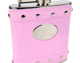 6oz - Engravable Silver Stud Hip Flask with Pink Faux Leather